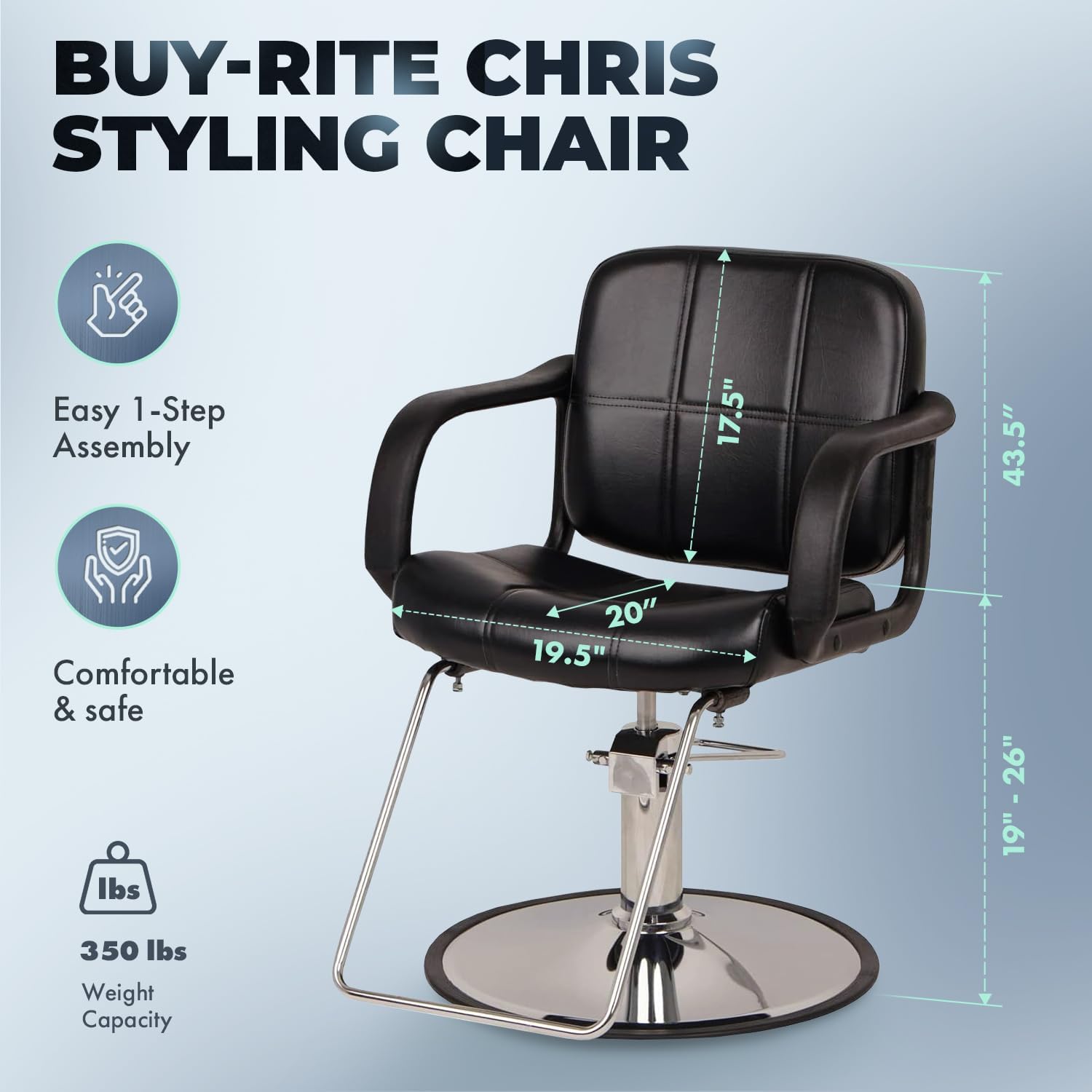 Buy-Rite Chris Styling Chair, Extra-Wide Black Salon Seat with 360° Swivel, Adjustable Hei